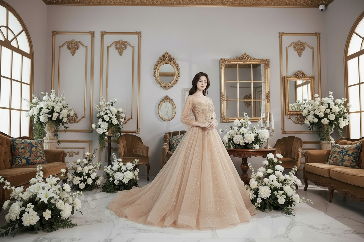 Khaki embellished bridesmaid dress in side view, long sleeves and full tulle skirt