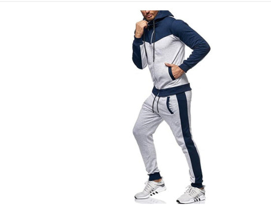 Men's hooded color block cardigan set in navy and light gray, zip hoodie and joggers