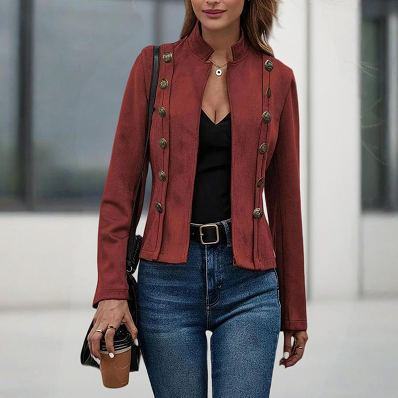Burgundy women's double-breasted stand collar jacket, long sleeves, gold button trim