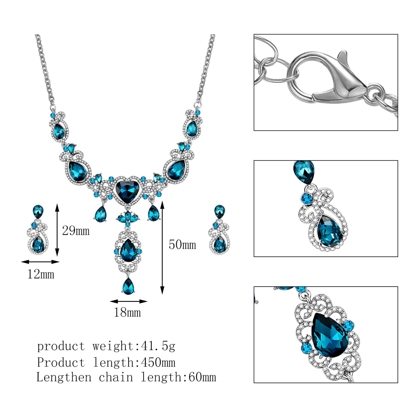 Blue alloy necklace with dangling teardrop crystals and heart-style centerpiece