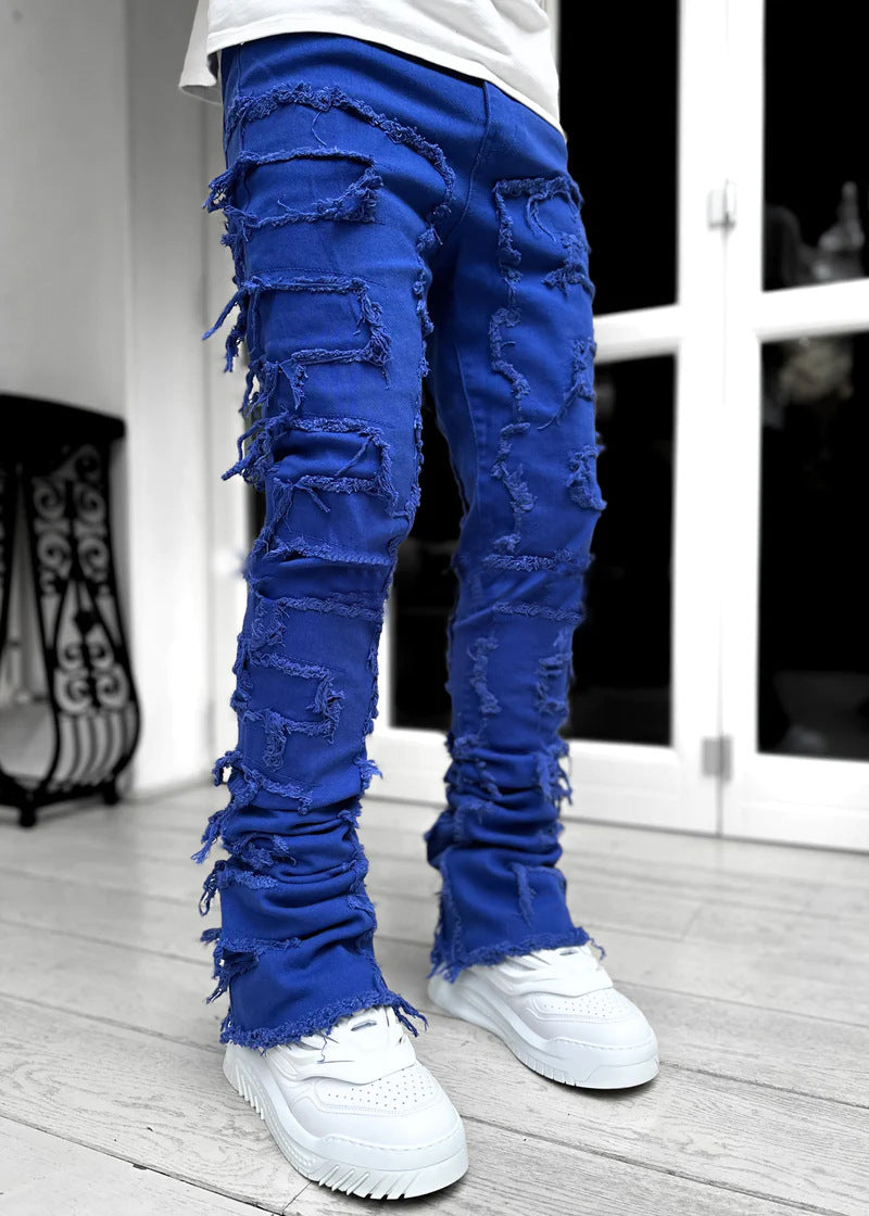 Trousers Individual Patched Pants Long Tight Fit Stacked Jeans For Men