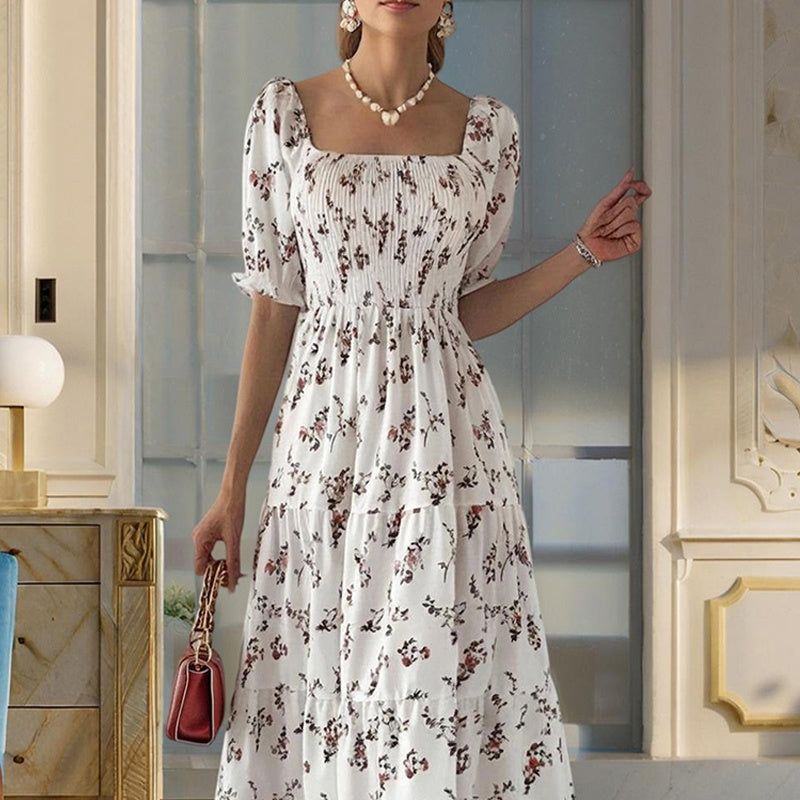 Women's Square Neck Short Sleeve A-Line Floral Print Ruffled Sleeves Bust Smocked Elastic Boho Summer Vacation Dress