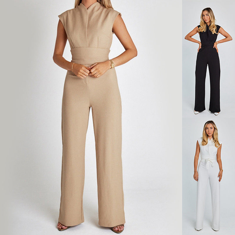 Fashion Elegant Sleeveless Jumpsuit Summer V-neck Casual Wide Leg Long Overalls Clothing For Women