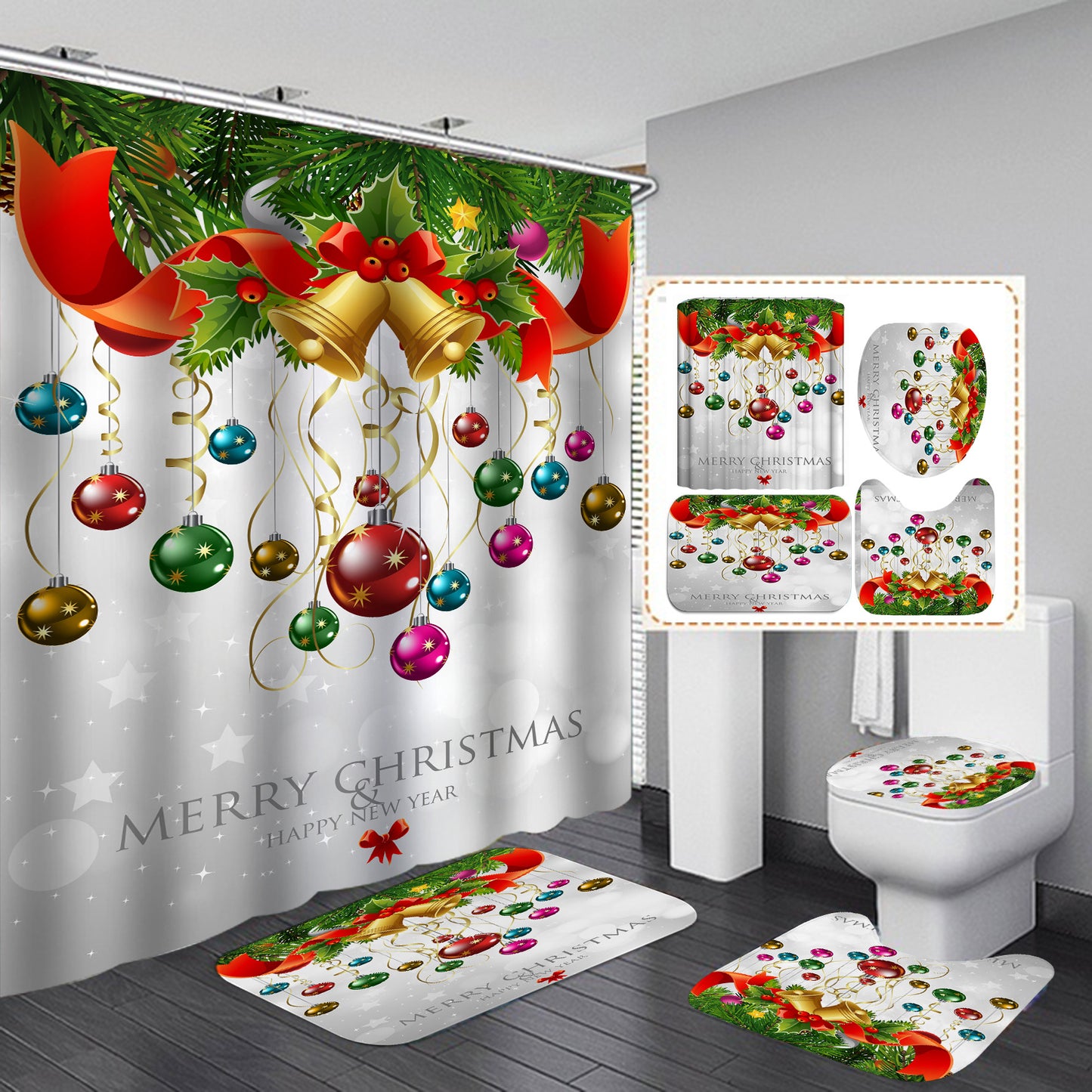Christmas shower curtain with white background and colorful bell ornaments pattern