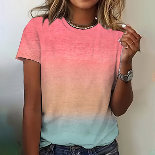Women's Gradient Color Crew Neck T-Shirt Short Sleeve Casual Top