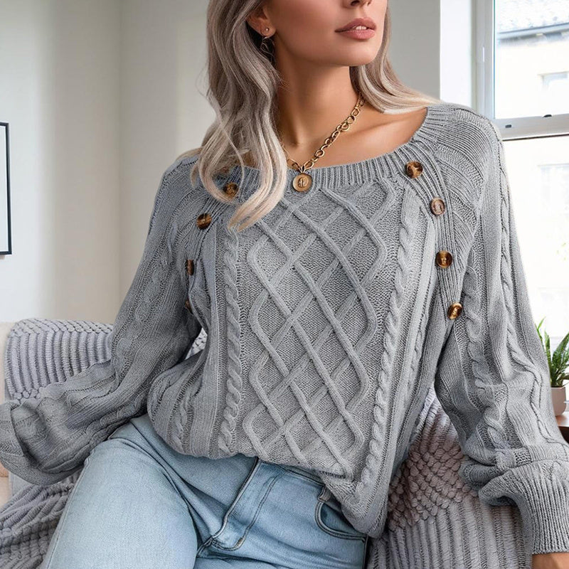 Women's Solid Color Casual Square Neck Button-Detail Knit Top - Textured Ribbed Pattern