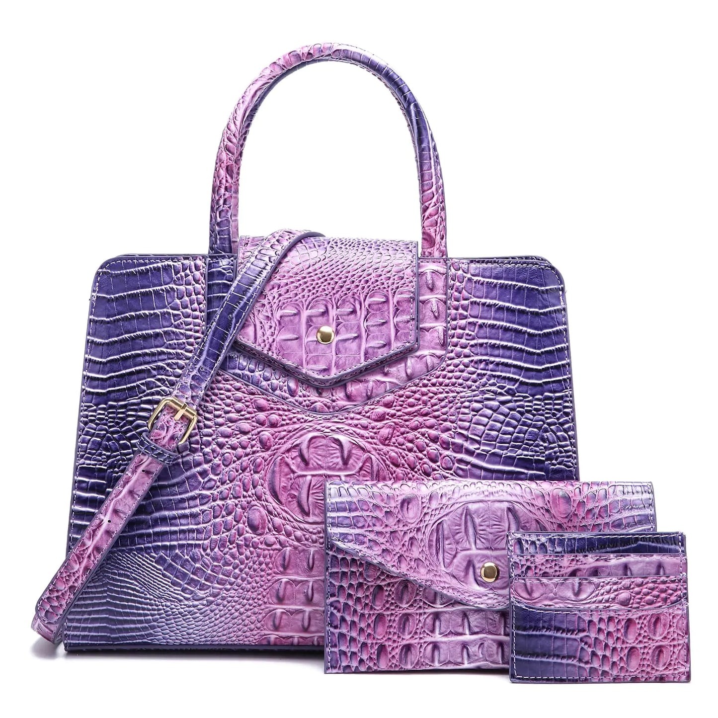 Embossed purple faux leather satchel with crossbody strap and matching wallets