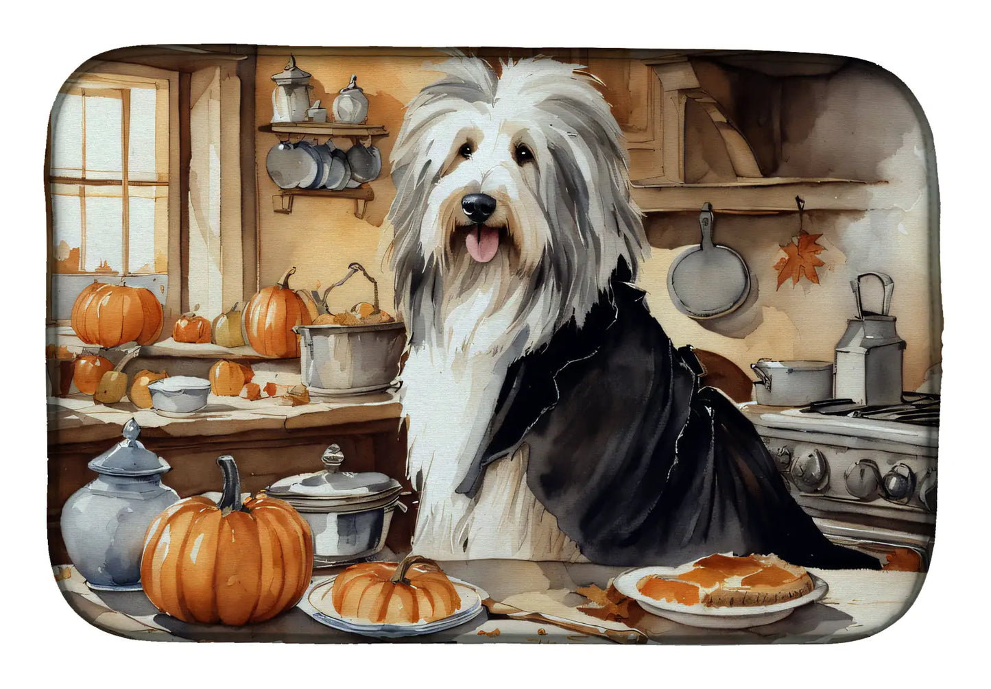Bearded Collie Fall Kitchen Pumpkins Dish Drying Mat