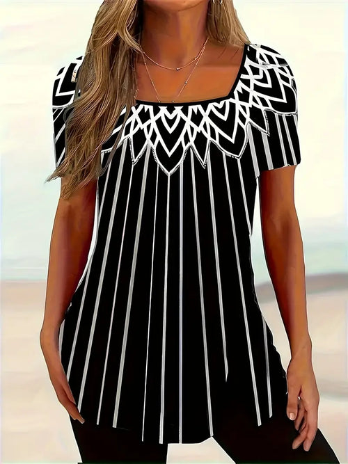 Summer New Printed Striped Short-sleeve Square Neckline Casual T-shirt