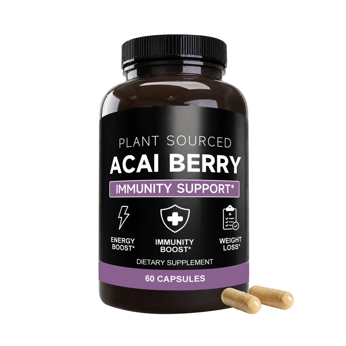 Acai berry dietary supplement bottle with label and 60 capsules; two soft capsules beside it