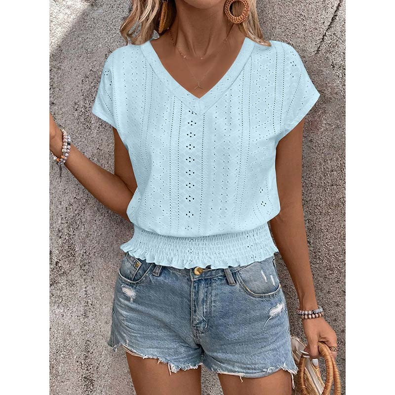 Women Summer Eyelet Top Casual V Neck Short Sleeve Smocked Shirts Loose Tunic Tops Blouses