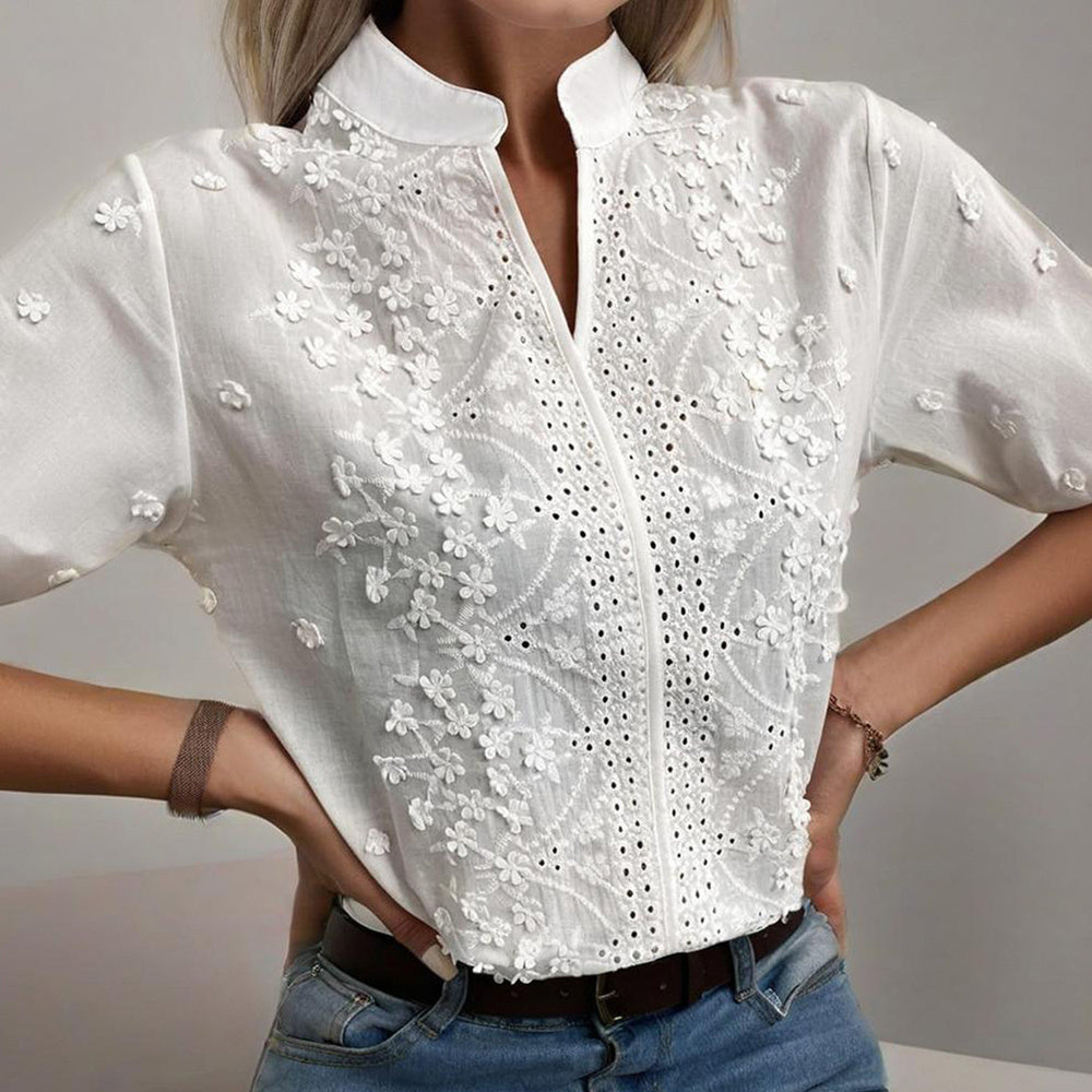 White sheer lace short-sleeve top with V-neck, floral and dot embroidery