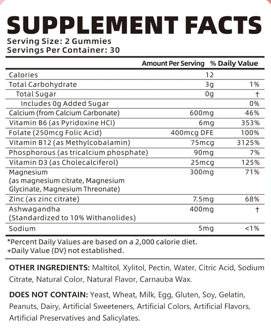 Supplement facts label for calcium magnesium gummies: servings and ingredients panel