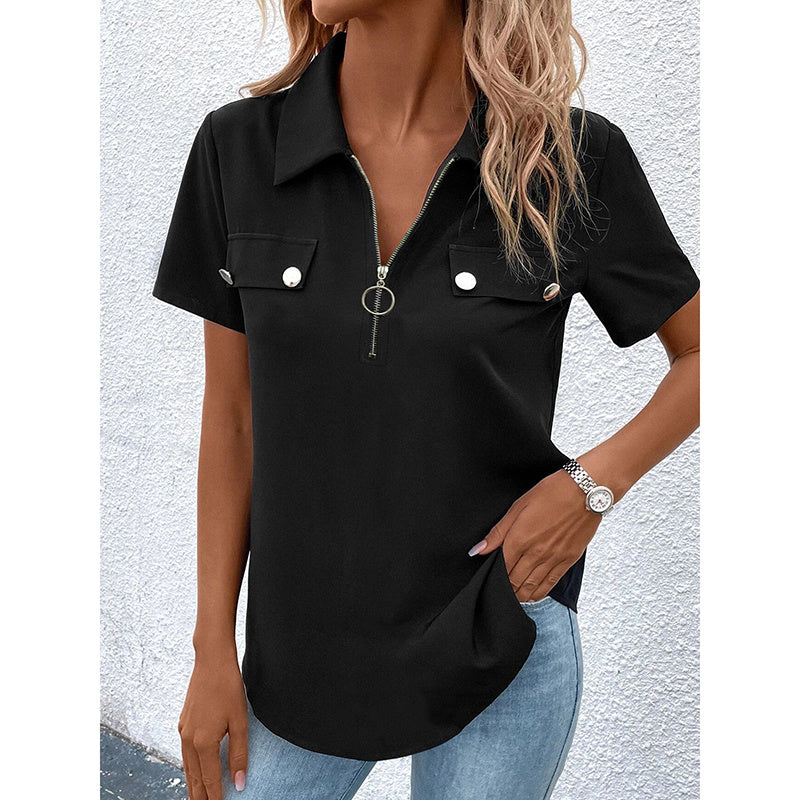 Women's Zipper Polo Shirts Short Sleeve Summer Collared Down T Shirts Top Casual Loose Fit Blouses
