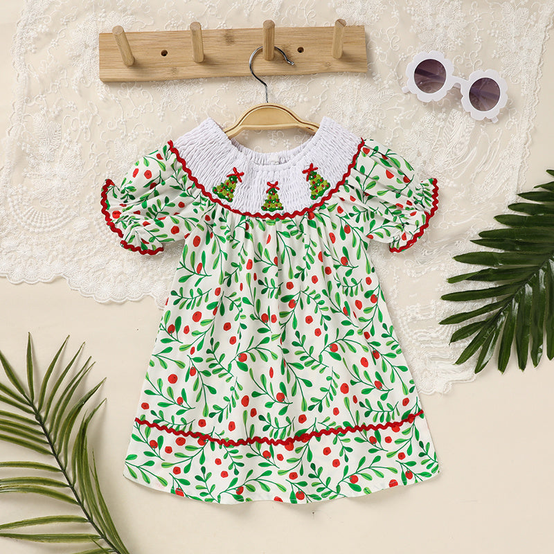 Toddler Infant Baby Girls Short Sleeve Christmas Tree Embroidered Plaid Casual Party Dresses