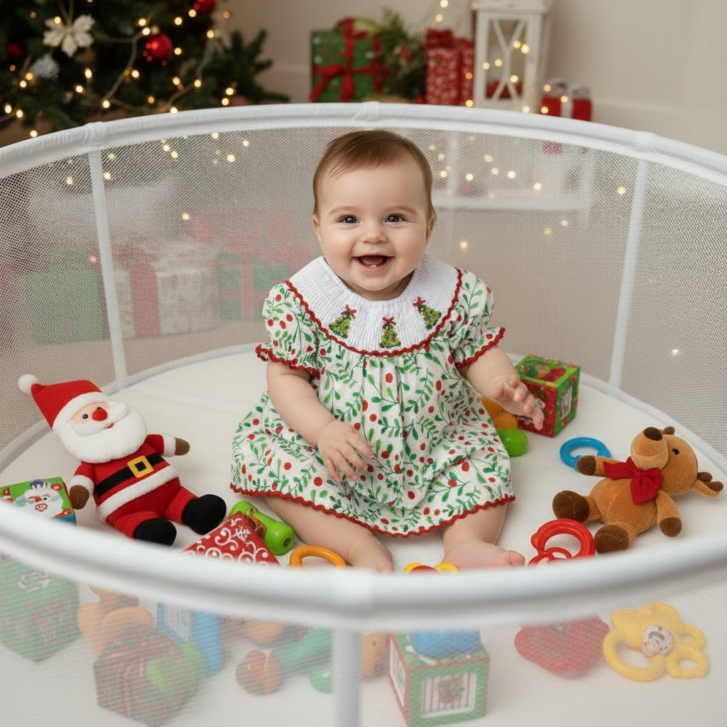 Toddler Infant Baby Girls Short Sleeve Christmas Tree Embroidered Plaid Casual Party Dresses