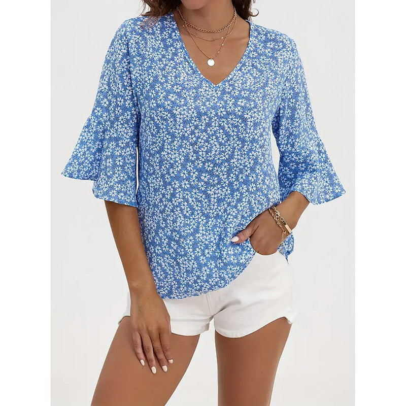 Womens Summer Floral Print Blouses V-Neck Flare Sleeve Tops Dressy Casual T-Shirts