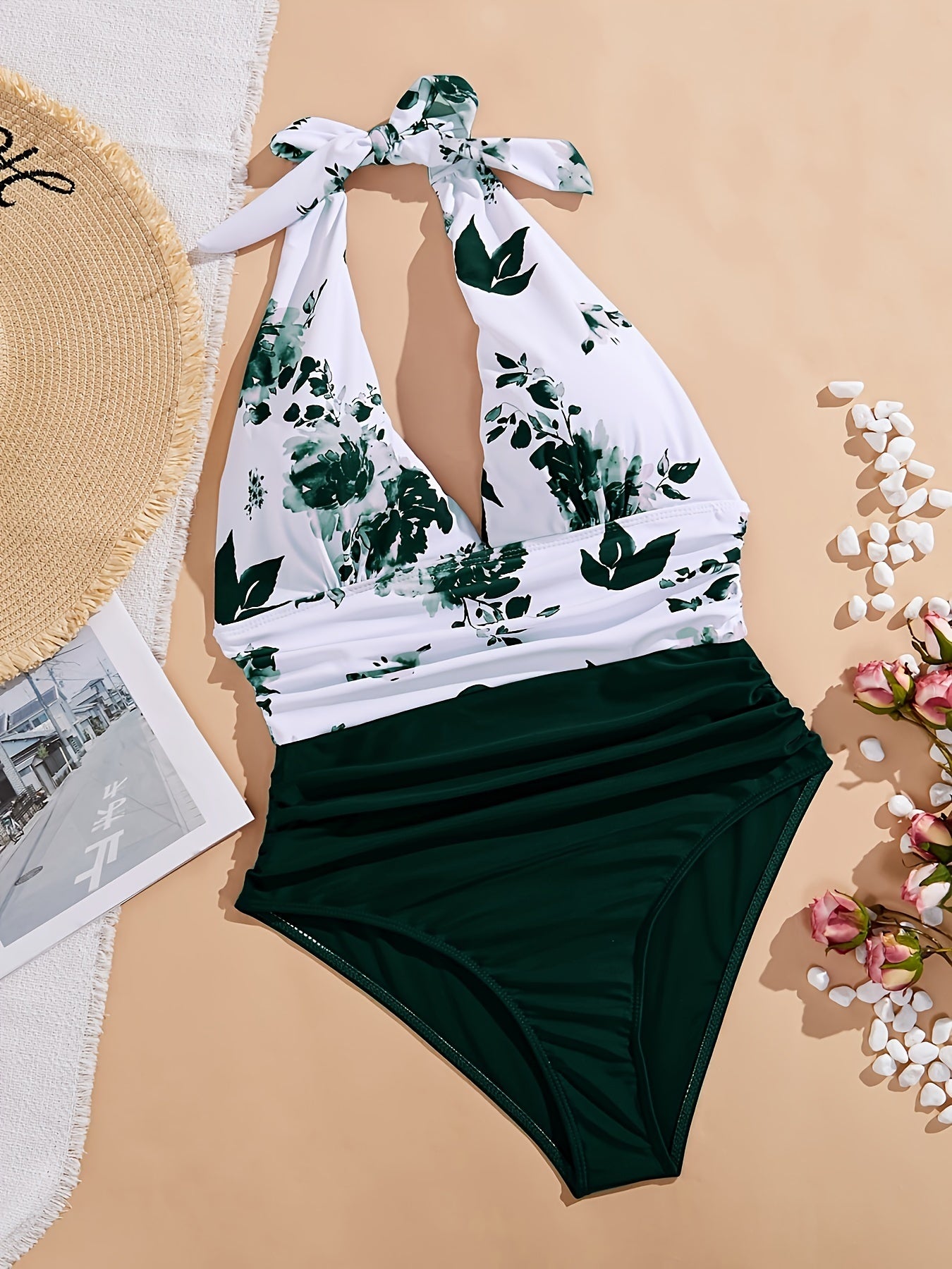 Women's Sexy Three-dimensional Deep V Flower Print Neck Tie One-piece Vacation Wind Swimsuit