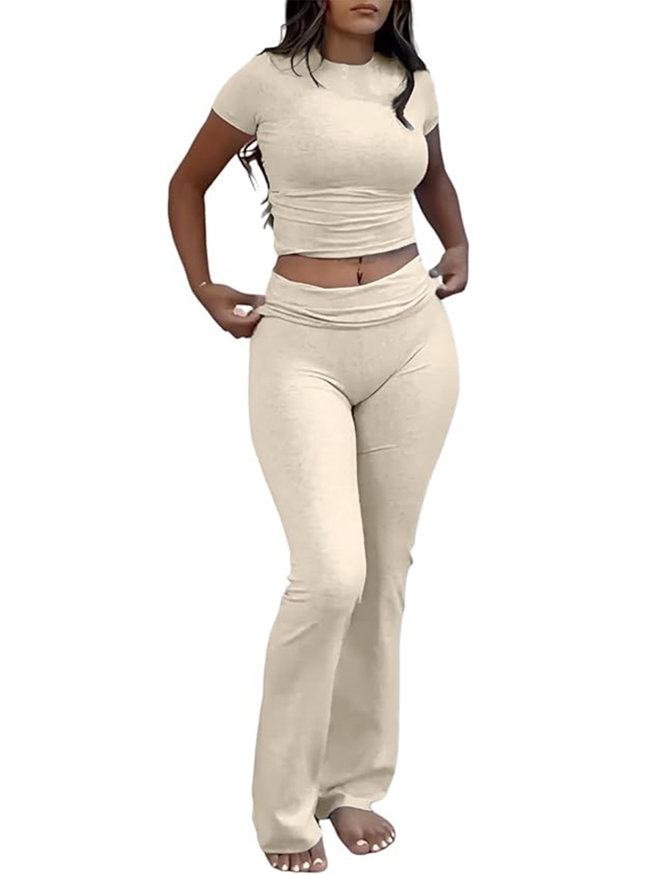 Casual Solid Color Slim Fit Two-piece Set, Short Sleeved Round Neck T-shirt And Tight Flared Sports Pants
