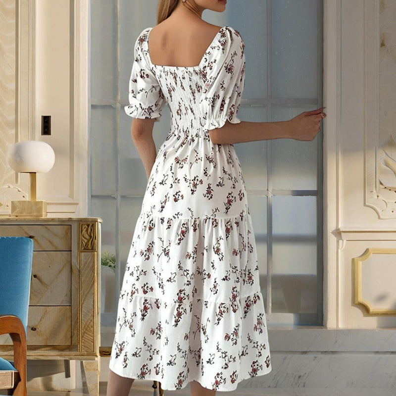 Women's Square Neck Short Sleeve A-Line Floral Print Ruffled Sleeves Bust Smocked Elastic Boho Summer Vacation Dress
