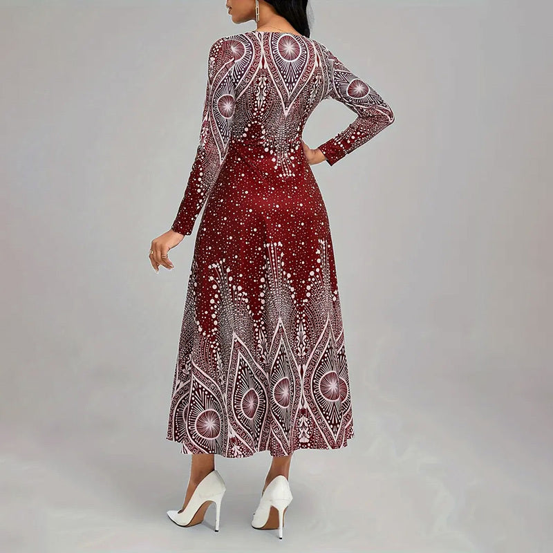 Women's Plus Size Elegant V-Neck Long Sleeve A-Line With Starry Sky Print, Slim-Fit Flowy Maxi Dress