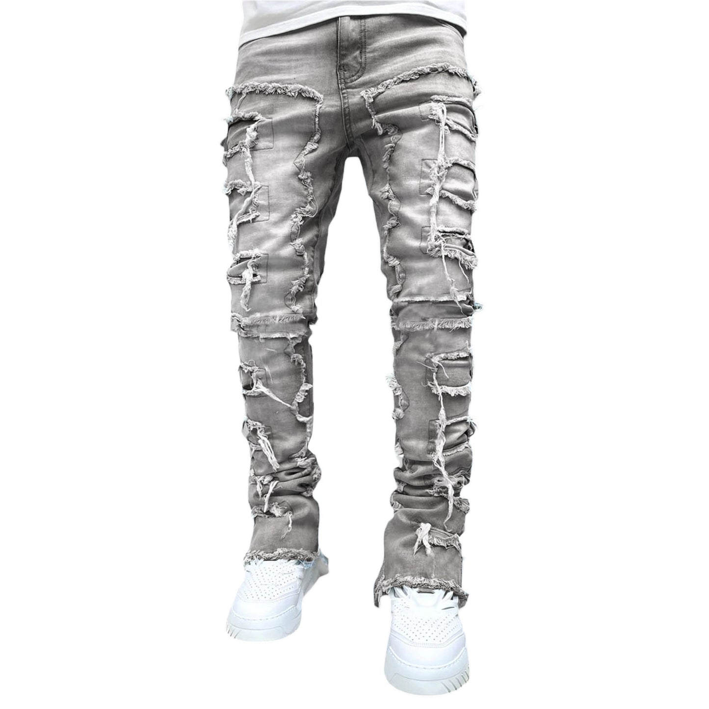 Trousers Individual Patched Pants Long Tight Fit Stacked Jeans For Men