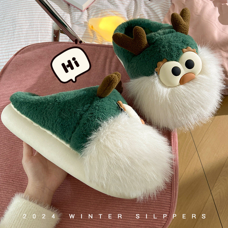 Cute Cartoon Christmas Deer Cotton Winter Slippers Half-covered Heel Plush Shoes
