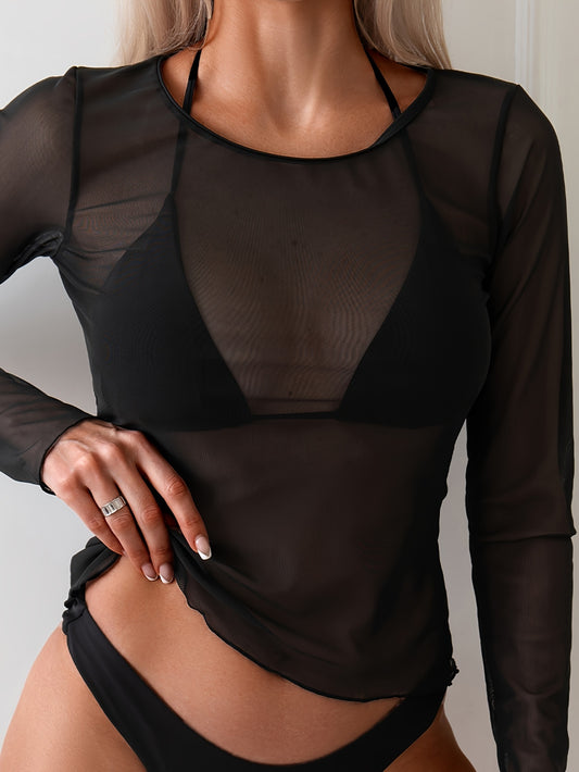 Women's Fashion Swimsuit, Sexy Solid Color Round Neck Sun Protection Shirt, Vacation Style