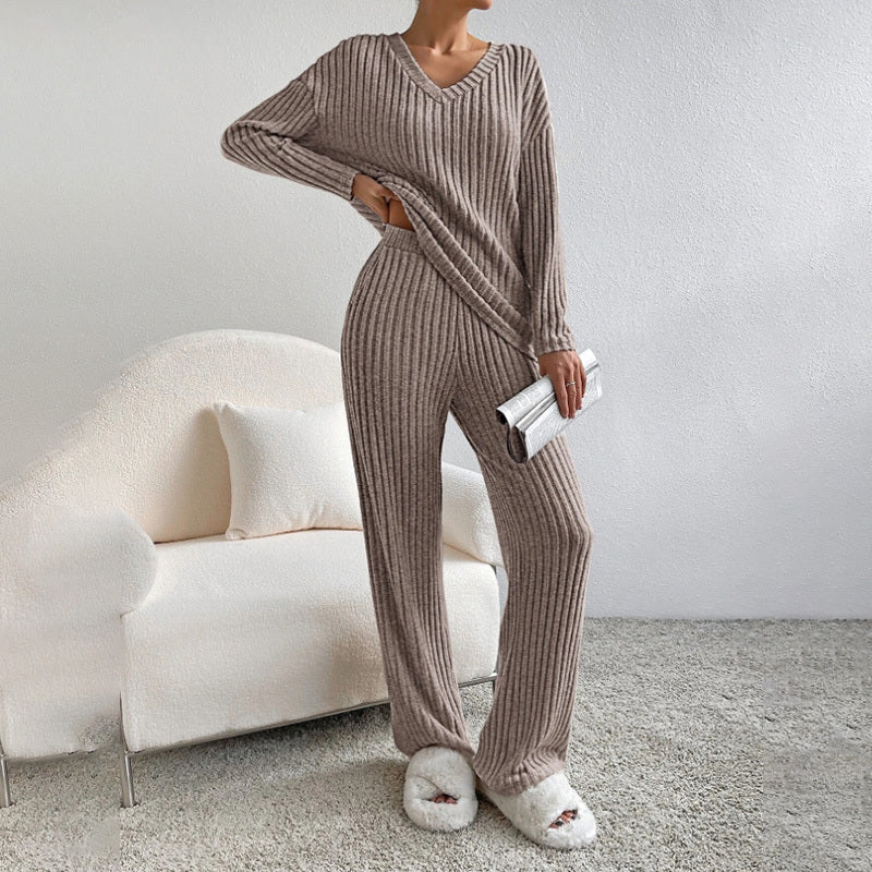 Ribbed knit V-neck long-sleeve top and straight-leg pants set, taupe