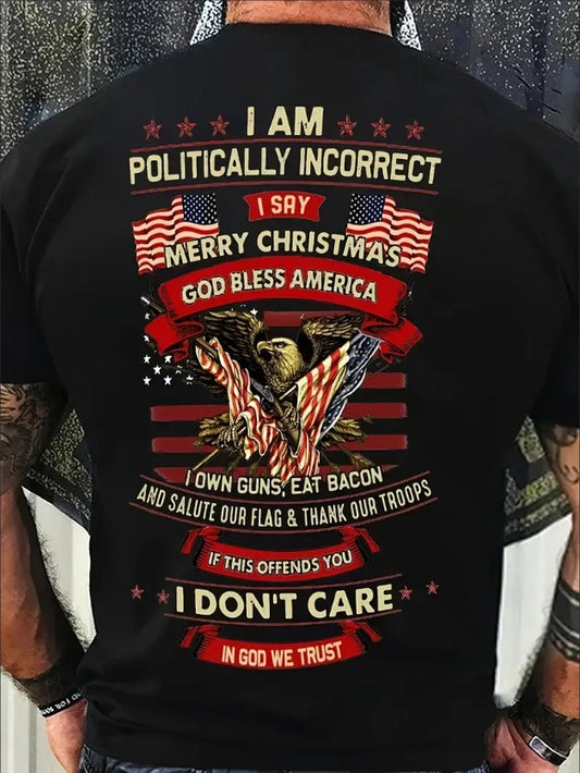 Men's Casual Comfy Crew Neck Graphic Design T-shirt For Summer, Eagle & Flag Print Novel Tees  For Daily Vacation Resorts