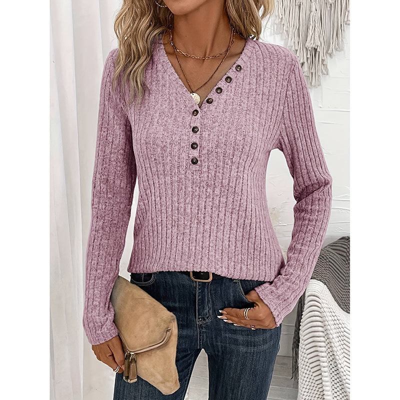 Ribbed knit tunic sweater with V-neck and button placket, long sleeves, purple
