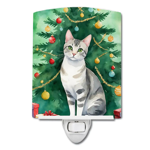 European Shorthair Cat By the Christmas Tree Ceramic Night Light