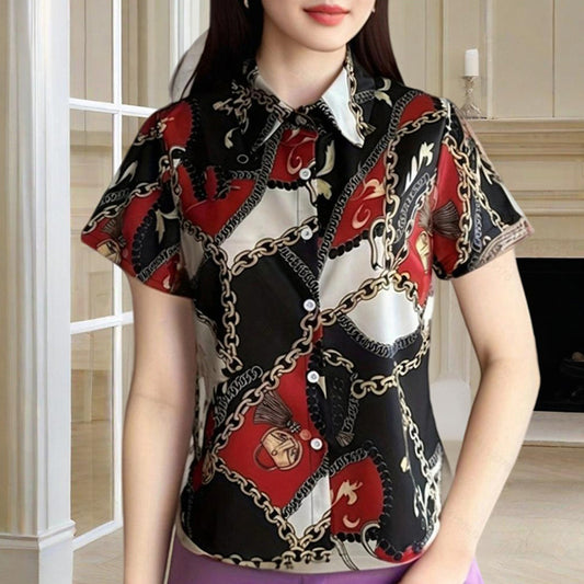 Women's Lapel Collar Short Sleeve Shirt - Chain Print Design, Button-Up Casual Top Comfortable Wear
