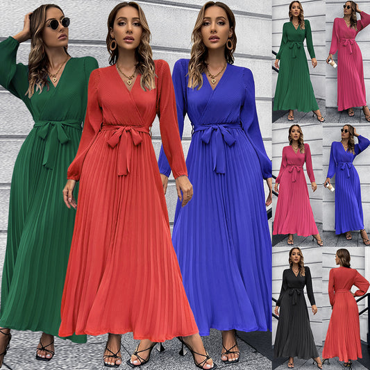 V-neck Long Sleeve Pleated A- Line Mid-length Dress