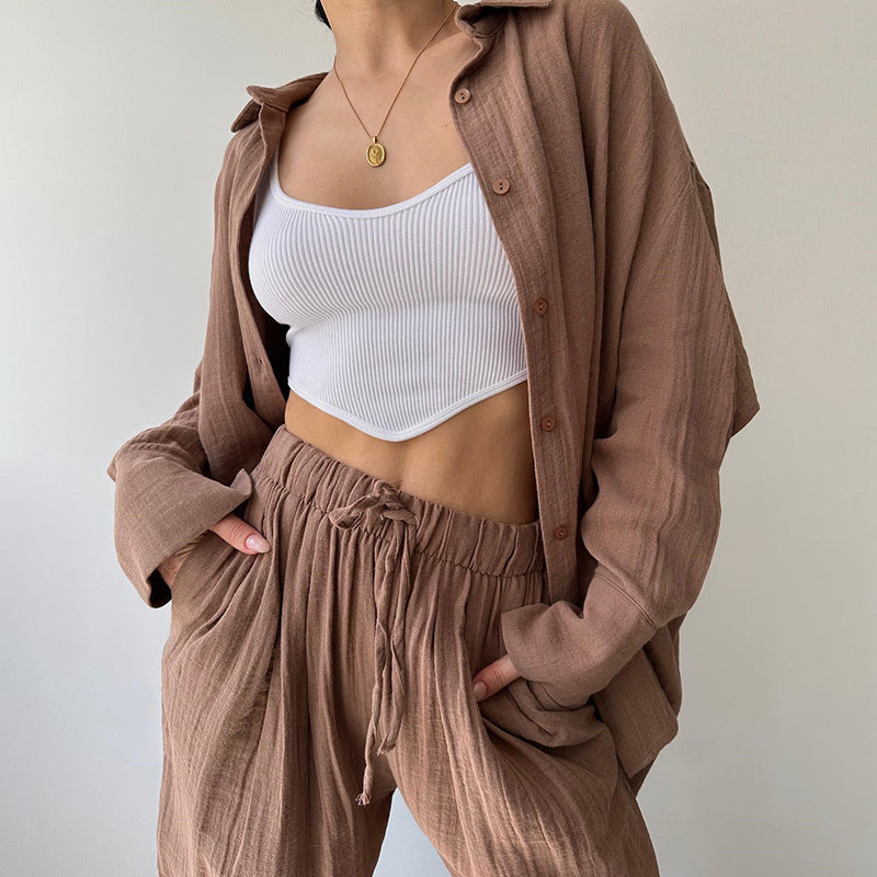Women's Solid Color Lapel Collar Long Sleeve Shirt & High-Waist Pants Set - Casual Loose Fit
