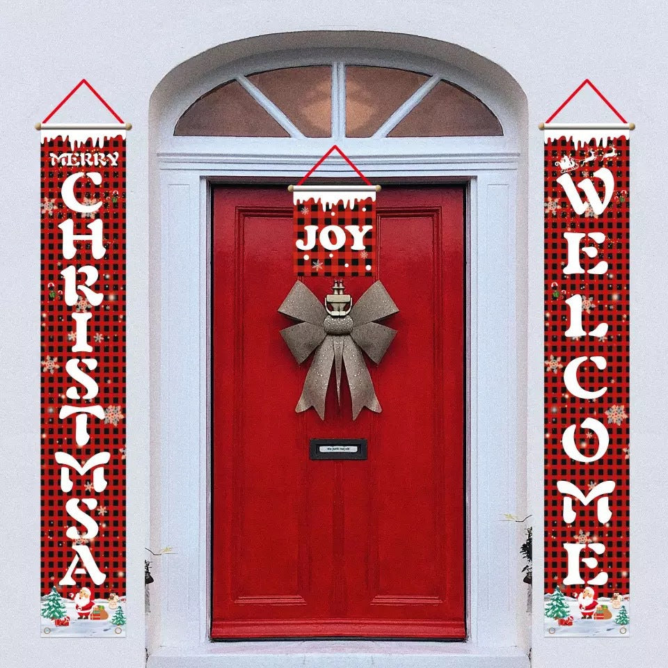 Christmas window hanging flags with Merry Christmas and Happy New Year text, dark bow