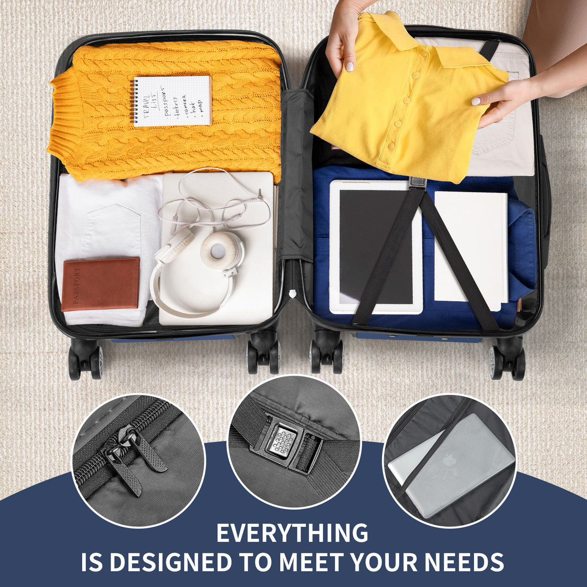Opened navy blue suitcase set showing interior pockets, straps, and packing compartments