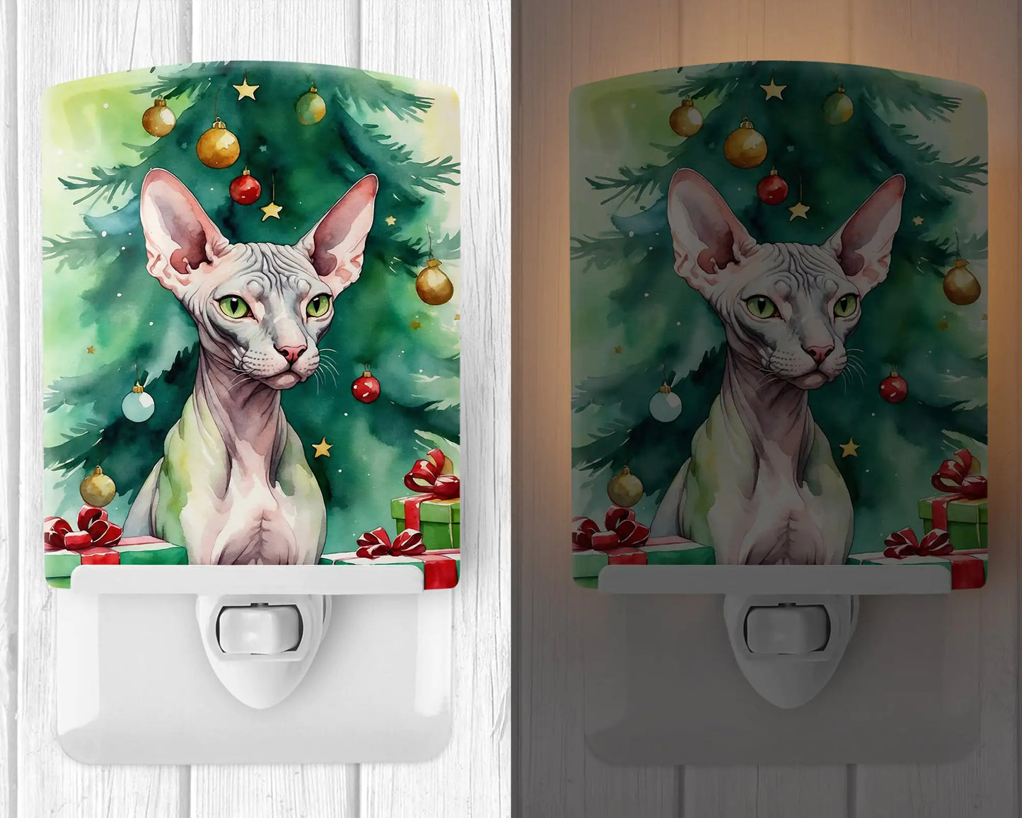 Donskoy Don Sphynx Cat By the Christmas Tree Ceramic Night Light