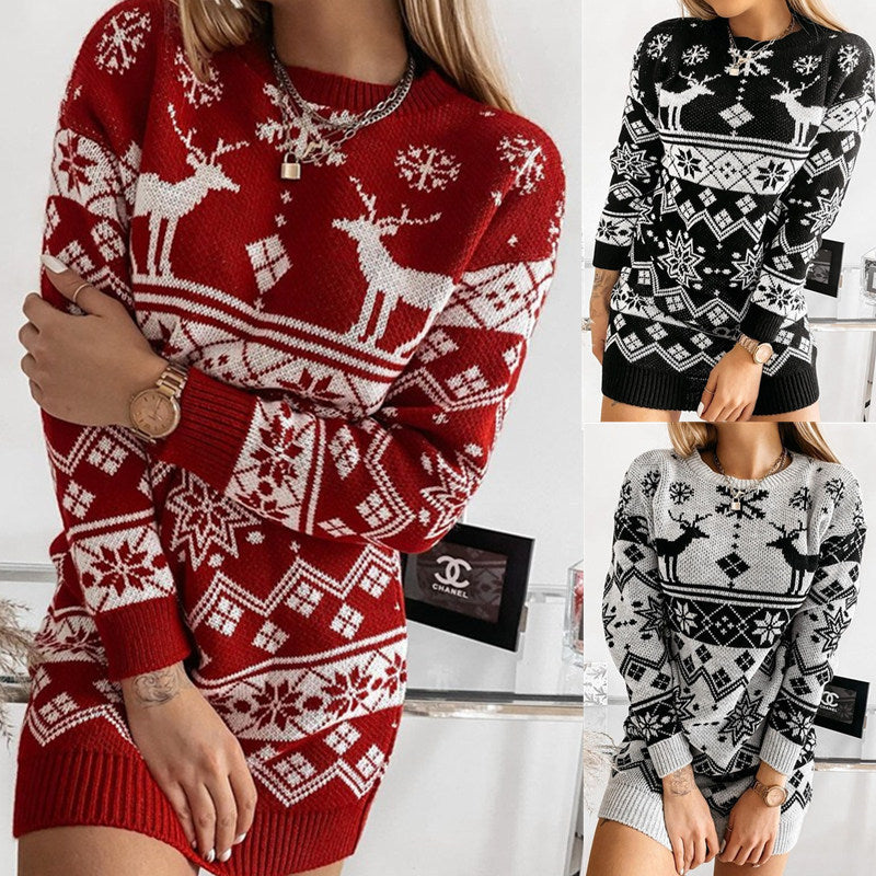 Elk Snowflake Christmas Jacquard Dress Long Knitted Sweaters