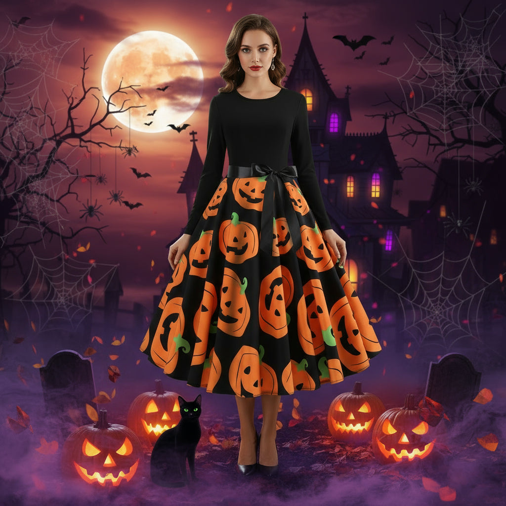 Halloween Print Long Sleeve Dress