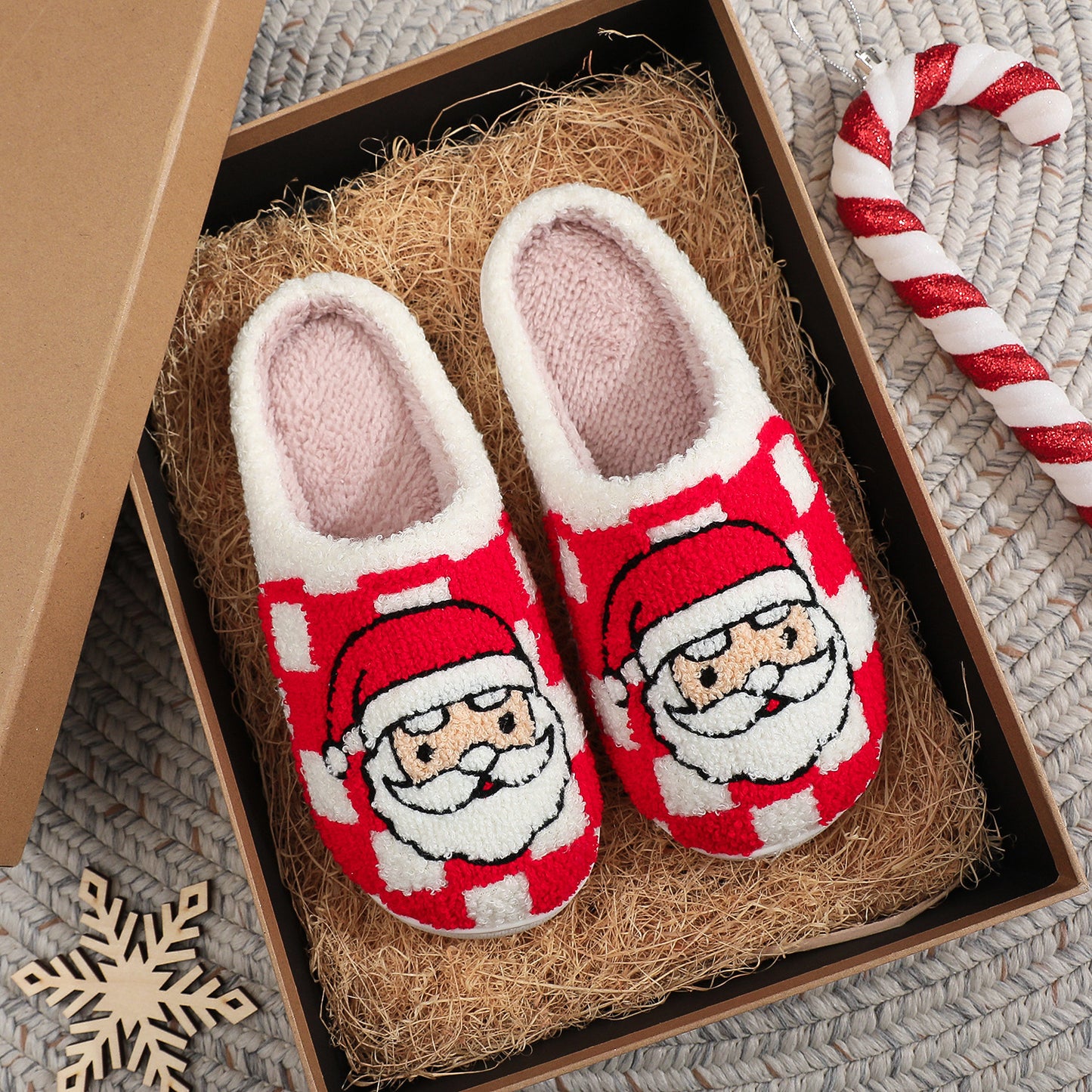Christmas Plaid Santa Claus Winter Indoor Non-slip Floor Fuzzy Slippers