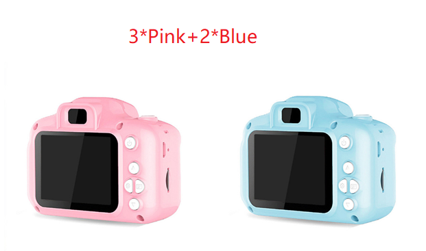 Pink and blue kids toy camera pair with black front screens and buttons