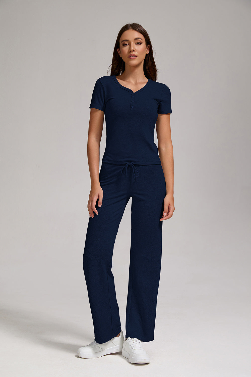 Women's Casual Two-piece Set With V-neck Button, Short Sleeved, Low Waisted Flared Pants, Sportswear
