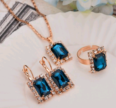 Water Drop Color Diamond Necklace, Earrings, Rings Set, Shiny High-end Bridal Jewelry