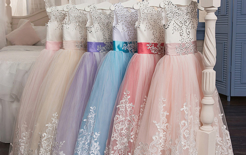 Set of lace tulle flower girl skirts showing multiple colors: cream, lavender, blue, pink