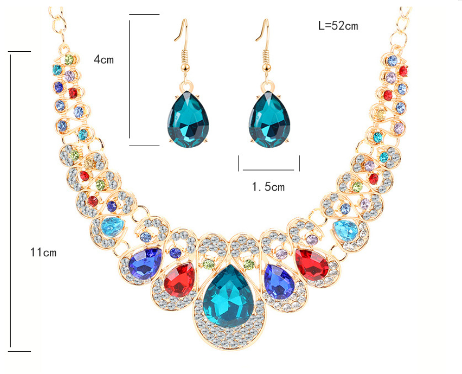 Rhinestone necklace and dangling earrings set with multicolor stones; size labeled L=52cm
