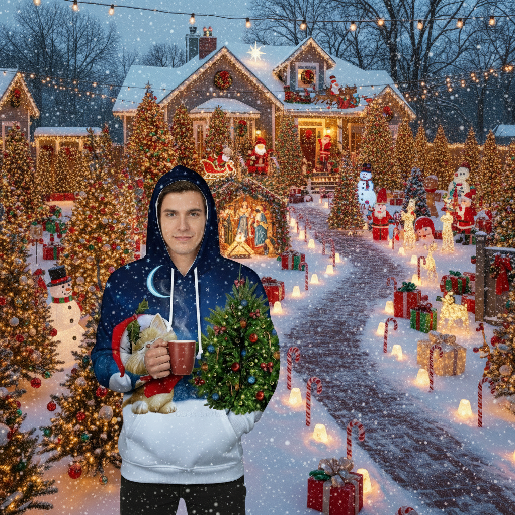 Dark blue hooded Christmas sweatshirt with holiday character and evergreen tree print
