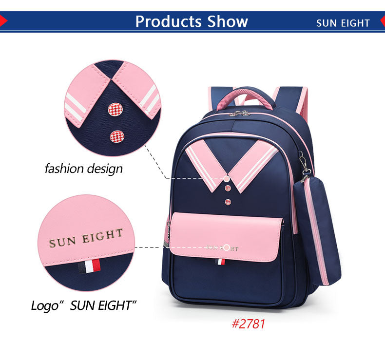 Navy children’s backpack with pink front flap, V-shaped panel, and top handle
