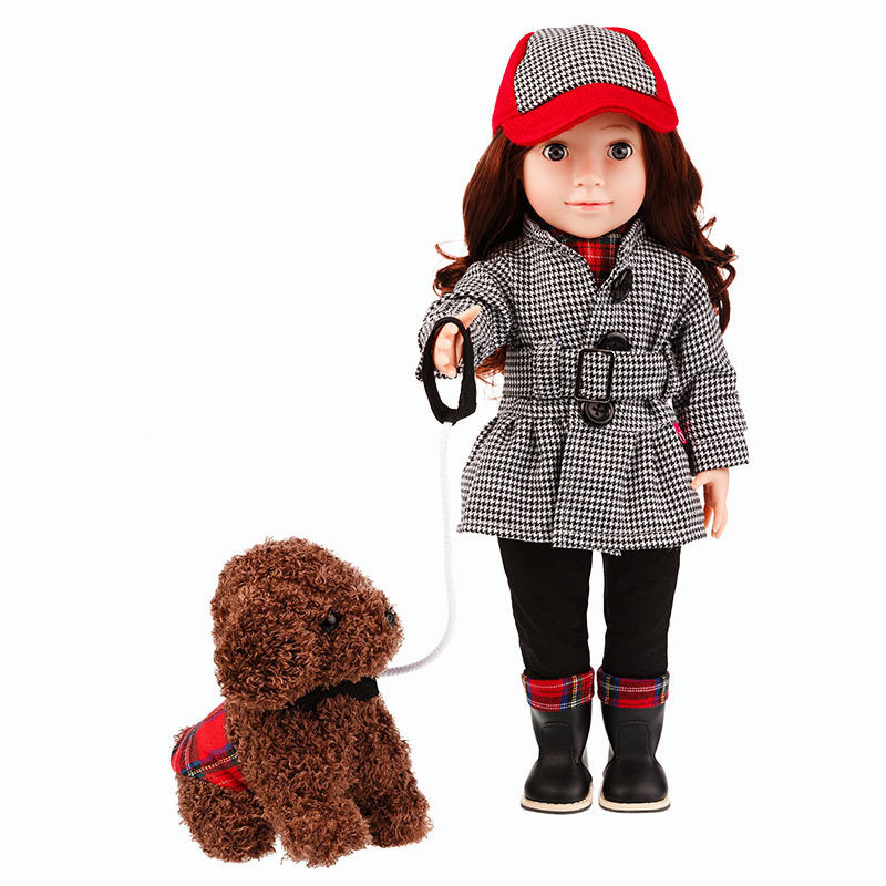 Plastic girl doll in black-and-white houndstooth coat with red cap, holding plush teddy dog