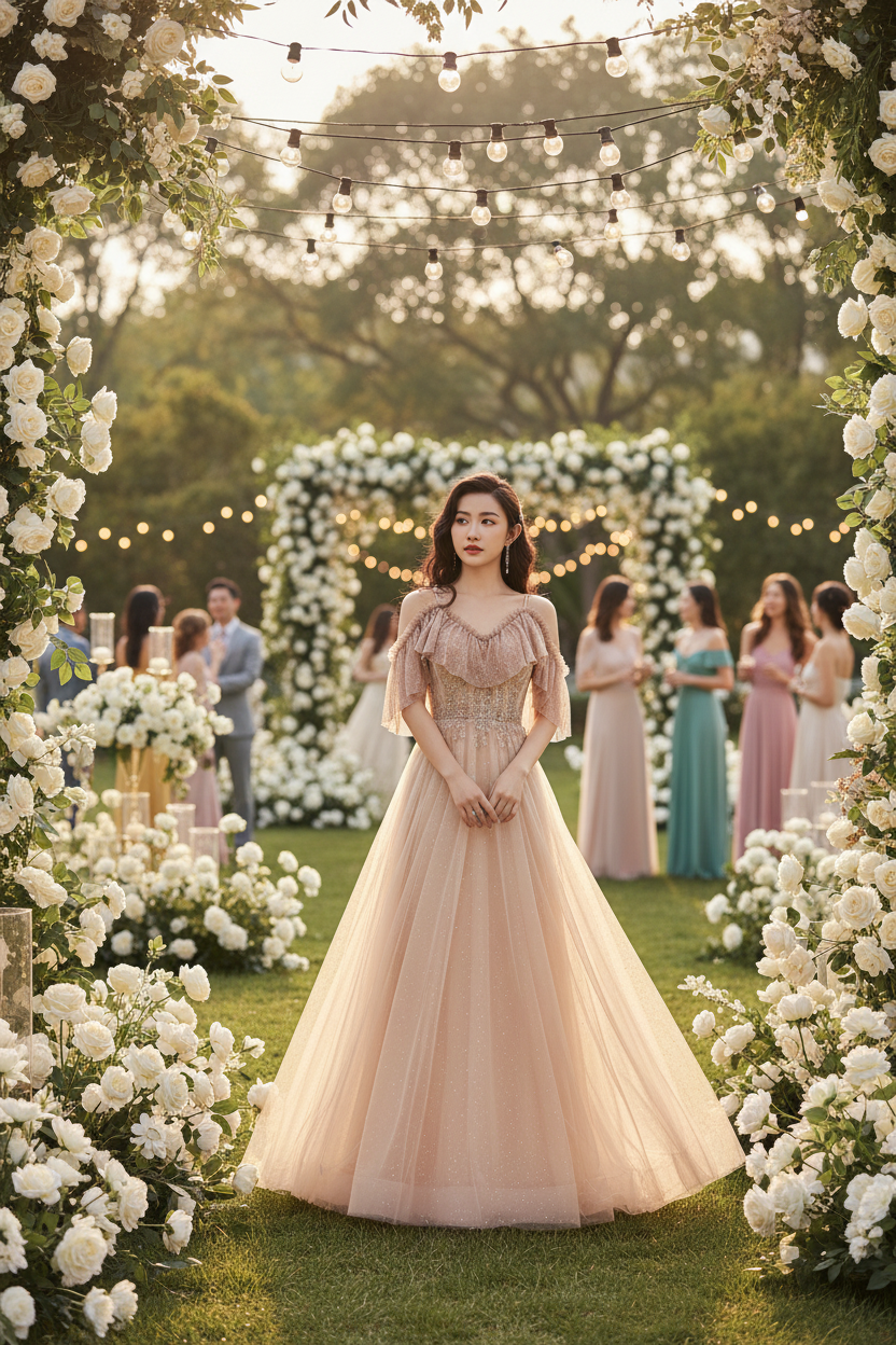 Coffee tulle A-line gown with off-shoulder ruffle sleeves, lace bodice, and voluminous skirt
